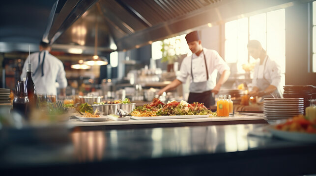 Blurry restaurant kitchen background. Active chefs working. Concept of Culinary chaos, busy kitchen, restaurant ambiance, kitchen staff, professional chefs, culinary teamwork, fast-paced environment.