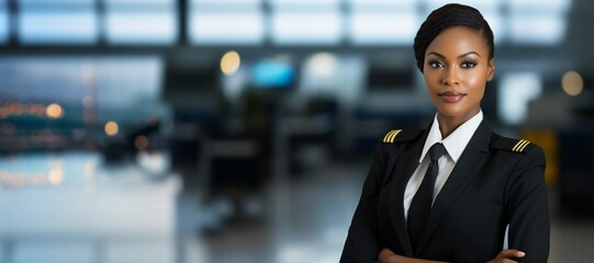 Confident African American female airline pilot in uniform in airport background, professional flying company wallpaper, Horizontal format 9:4 - obrazy, fototapety, plakaty