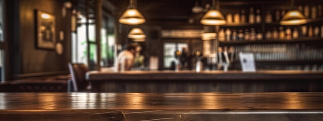 Empty wooden table in cozy pub. Bar vibes. Vintage counter in soft bokeh. Cafe ambiance. Abstract tabletop with bokeh lights - obrazy, fototapety, plakaty