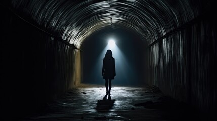 Model silhouetted in a dimly lit tunnel, epitomizing the journey through moral ambiguity