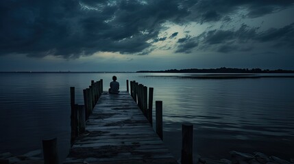 Fototapeta premium Model sitting on a neglected pier, gazing over dark waters with an air of resignation