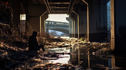 Model under a bridge, surrounded by litter and desolation, capturing societal neglect