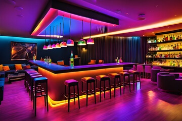 A stylish bar and lounge area illuminated with mesmerizing lighting and colors. Interior advertisement. Generative AI.
