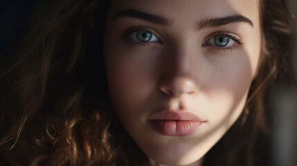 Fototapeta premium Curly Whispers: Soft Gaze of a Woman with Wavy Hair