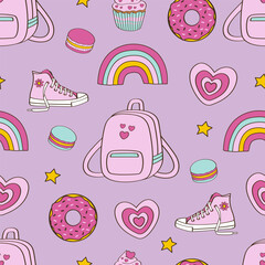 pink seamless pattern with  girl stickers,  sweets, rainbow, backpack, sneakers