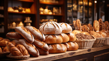 Within the cozy bakery, a delightful array of diverse bread loaves graces the shelves, tempting the senses. - obrazy, fototapety, plakaty