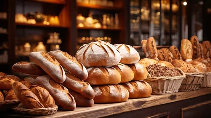 Fotobehang Within the cozy bakery, a delightful array of diverse bread loaves graces the shelves, tempting the senses. © ckybe