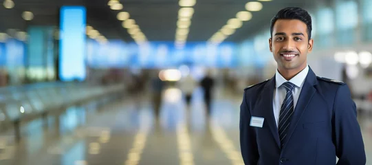 Fotobehang Confident Indian male flight attendant in uniform in an airport background, professional flying company wallpaper, Horizontal format 9:4 © Clearmind