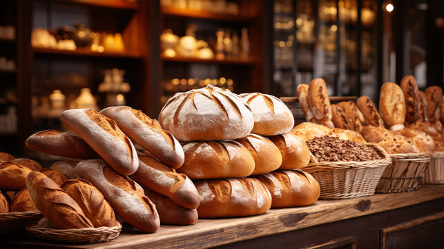 Within the cozy bakery, a delightful array of diverse bread loaves graces the shelves, tempting the senses.
