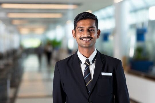 Smiling Indian male boarding agent in uniform in an airport background, professional flying company wallpaper, Horizontal format 3:2