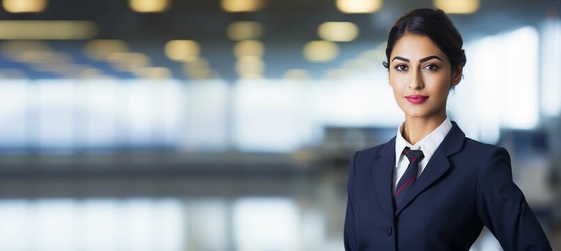 Confident elegant Indian female boarding agent in uniform in an airport background, professional flying company wallpaper, Horizontal format 9:4