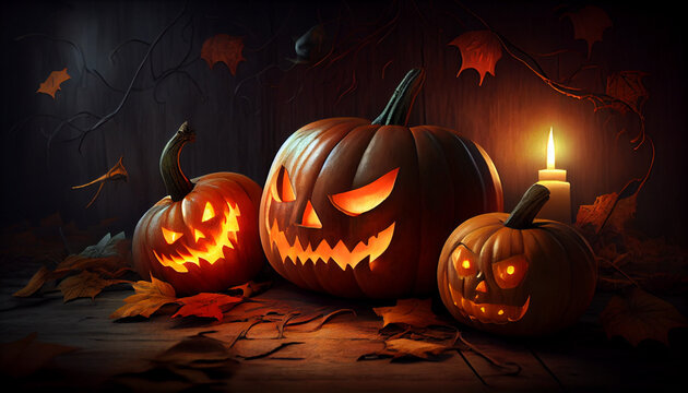 Halloween jack o lantern with pumpkins wallpaper nightscary decoration, Ai generated image