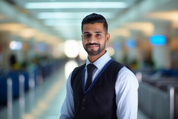 Fototapeta premium Smiling Arab muslim male boarding agent in uniform in an airport background, professional flying company wallpaper, Horizontal format 3:2