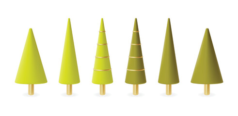 3d Merry Christmas and Happy New Year Concept Green Xmas Tree Set Cartoon Style. Vector illustration