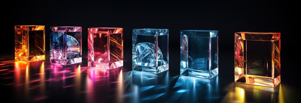 crystal glass cubes with refraction and holographic effect isolated on black background. Rendering of rotating transparent glass with dispersive light overlay, iridescent gradient.