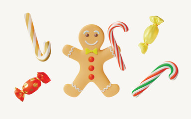 3d Merry Christmas and Happy New Year Concept Gingerbread Man and Traditional Xmas Candy with Red, Green and White Stripes Set Cartoon Style. Vector illustration