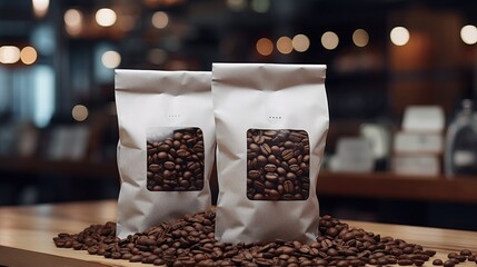 Bags of coffee beans in supermarket
