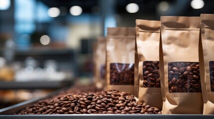 Bags of coffee beans in supermarket - obrazy, fototapety, plakaty