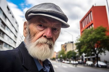 An old man being suspicious, shot in an urban environment, emotions or moods concept. Generative AI