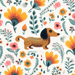 Naklejka premium Image of pattern design using dachshund dog and flowers and leaves. Pet. Animals. Illustration, Generative AI.