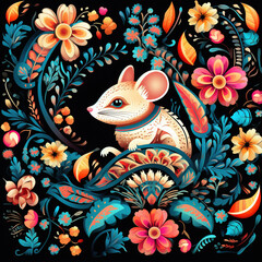 Obraz premium Image of pattern design using rat and flowers and leaves. Wildlife Animals. Illustration, Generative AI.