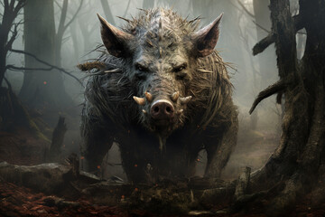 Image of a boar in the forest with a scary atmosphere, Wildlife Animals., Generative AI, Illustration.