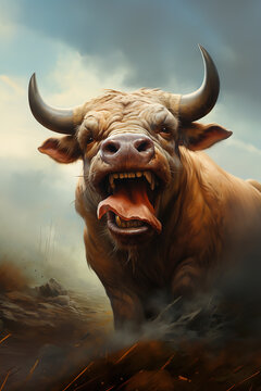 Naklejki Image of bull with a funny face and open mouth wide. Wildlife Animals., Generative AI, Illustration.