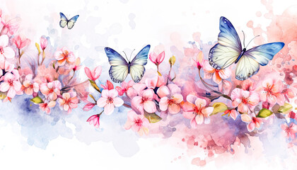 A Colorful Garden: A Digital Art Illustration,flowers and butterflies,abstract watercolor background,butterflies and flowers