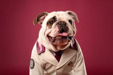 Close-up portrait photography of a happy bulldog wearing a doctor costume against a dusty rose background. With generative AI technology