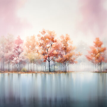 He admires the autumn trees, painted in a pastel palette of colors.