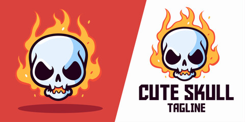 Cute Cartoon Skull with Fire: Vector Icon Illustration for Holiday Object Concept, Flaming Skull Isolated in Flat Design