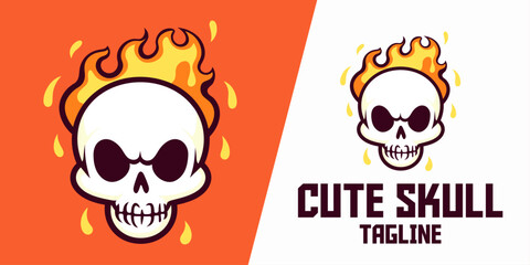 Flaming Skull Illustration: Vector Cute Cartoon Icon with Fire for Holiday Object Concept, Isolated Flat Design