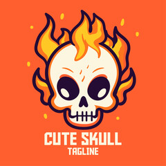 Holiday Object Concept: Vector Cute Skull with Fire Cartoon Icon, Flaming Skull Illustration Isolated in Flat Style