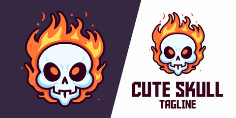 Flat Design Isolated Vector Illustration: Cute Skull with Fire Cartoon Icon, Flaming Skull for Holiday Object Concept