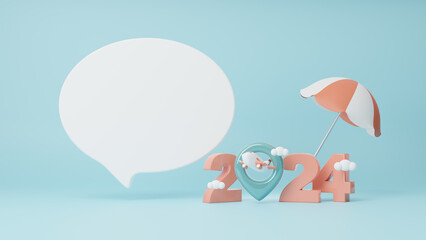 Summer sale ad banner template. Quick tips with 2024 icon for summer with copy space on speech bubble. Have a vacation and travel in summer concept. Promotion of summer. Happy New Year. 3d rendering