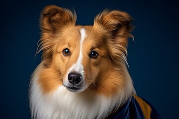 Close-up portrait photography of a bored shetland sheepdog wearing a training vest against a navy blue background. With generative AI technology