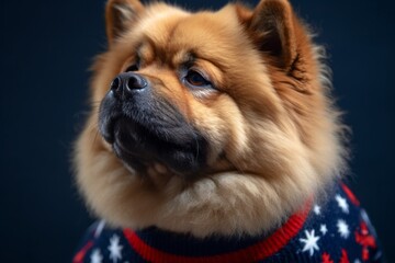 Close-up portrait photography of a cute chow chow dog wearing a festive sweater against a navy blue background. With generative AI technology