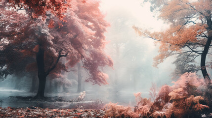 He admires the serene beauty of a pastel autumn forest.
