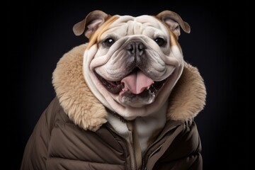 Medium shot portrait photography of a happy bulldog wearing a sherpa coat against a matte black background. With generative AI technology
