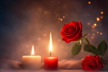 Romantic candles lights with red roses