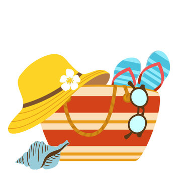 Summer illustration with a beach bag, hat, sunglasses, slates and seashell 