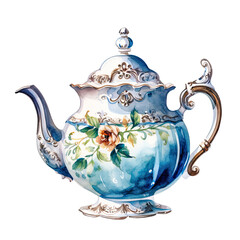 Elegant classic teapot with decorative, flat watercolor illustrations