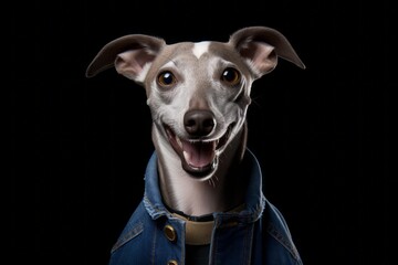 Medium shot portrait photography of a smiling italian greyhound dog wearing a denim vest against a matte black background. With generative AI technology