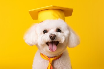 Medium shot portrait photography of a smiling bichon frise wearing a wizard hat against a bright yellow background. With generative AI technology