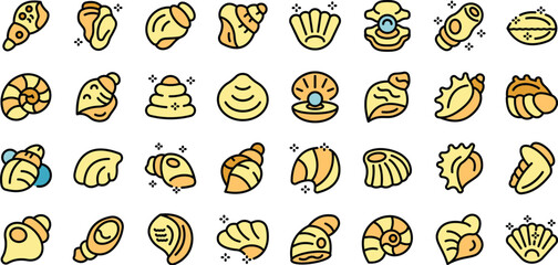 Conch icons set outline vector. Shell beach. Snail nature thin line color flat on white