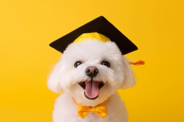 Medium shot portrait photography of a smiling bichon frise wearing a wizard hat against a bright yellow background. With generative AI technology