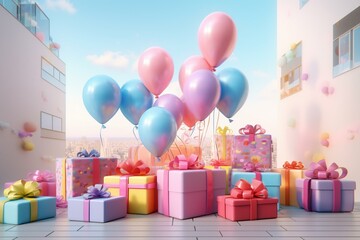 3D rendered birthday party with balloons & gift boxes. Generative AI