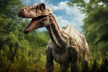 Digital rendering of a parasaurolophus dinosaur. Generative AI