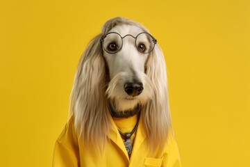 Studio portrait photography of a cute afghan hound dog wearing a doctor costume against a bright yellow background. With generative AI technology