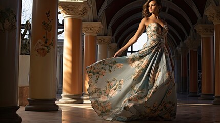 Model beneath a floral archway, wearing a lily-inspired evening gown, emphasizing elegance and grace.
